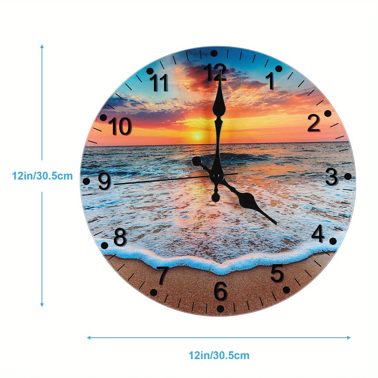 12-Inch Beach-Themed Blue Glass Wall Clock – Frameless Silent Battery Operated, Tempered Glass Design with Analog Display (1x AA Battery Required)