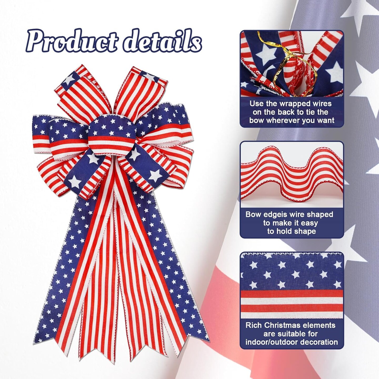 Large 4th of July Bows for Wreath 20x11 Inch, 2 Pack Pre-Tied Patriotic Wired Ribbon Bow, Independence Day, Memorial Day, Tree Topper Bow for Front Door Outdoor Decoration (Red)