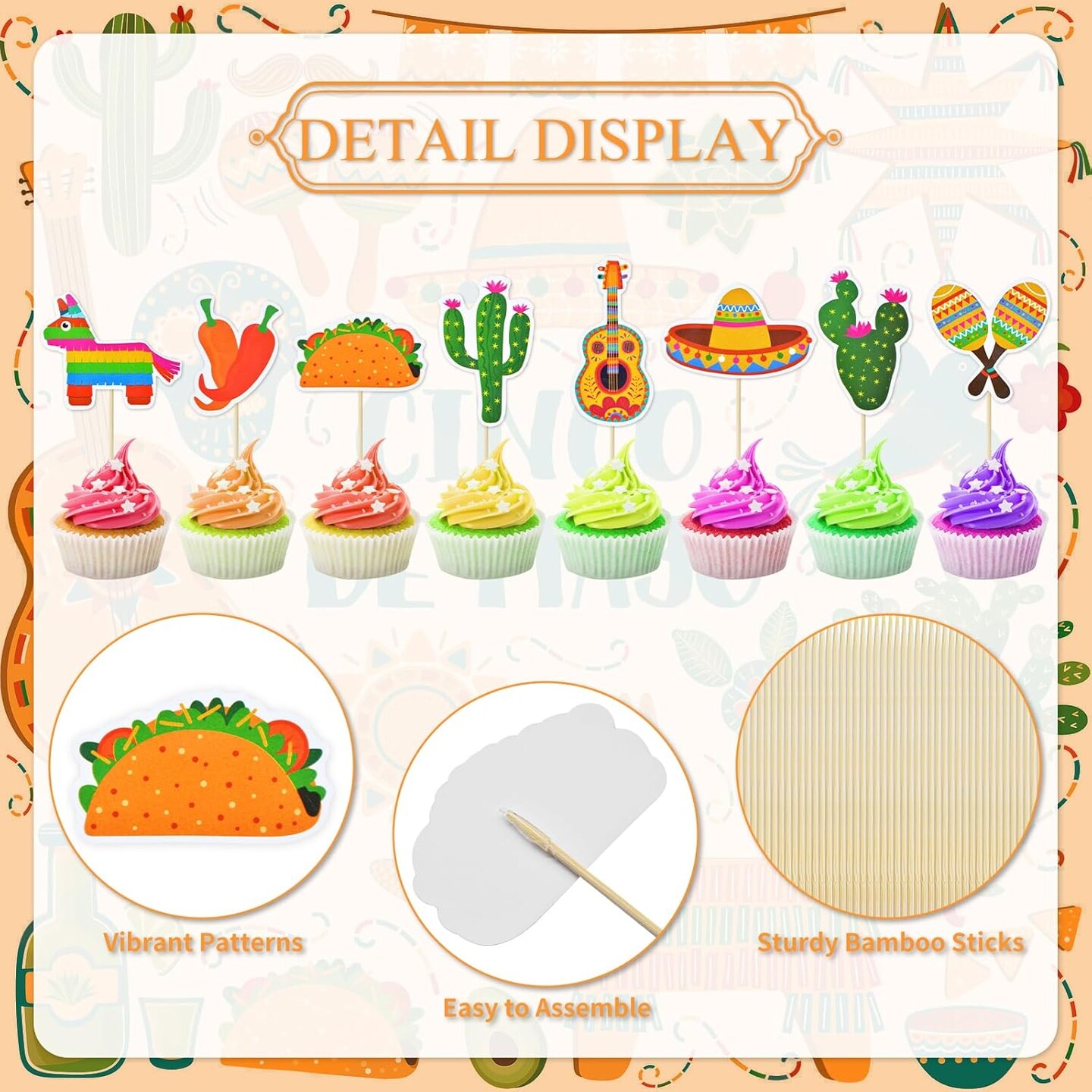 32 Pcs Mexican Fiesta Cupcake Toppers - Cactus Sombrero Maraca Guitar Taco Pi&#xF1;ata Chili Pepper Cupcake Picks Mexican Fiesta Theme Cinco de Mayo Birthday Party Cake Decorations Supplies