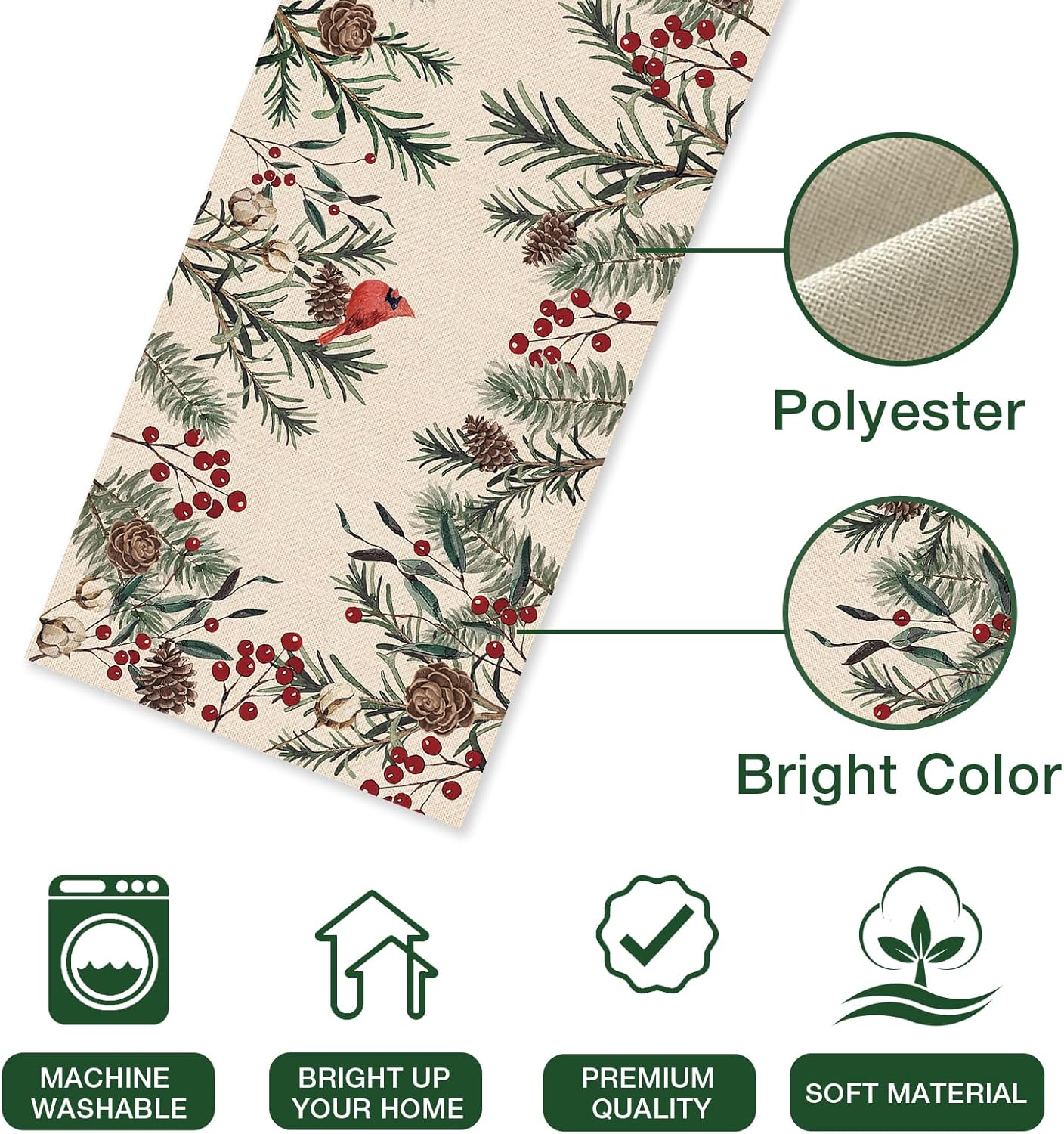 Winter Pine Needle Branches Table Runner, Pine Cone Cardinal Red Birds Berry Farmhouse Kitchen Dining Table Decor, Christmas Holiday Home Decoration Indoor Outdoor Party Supply 13 x 72 Inches