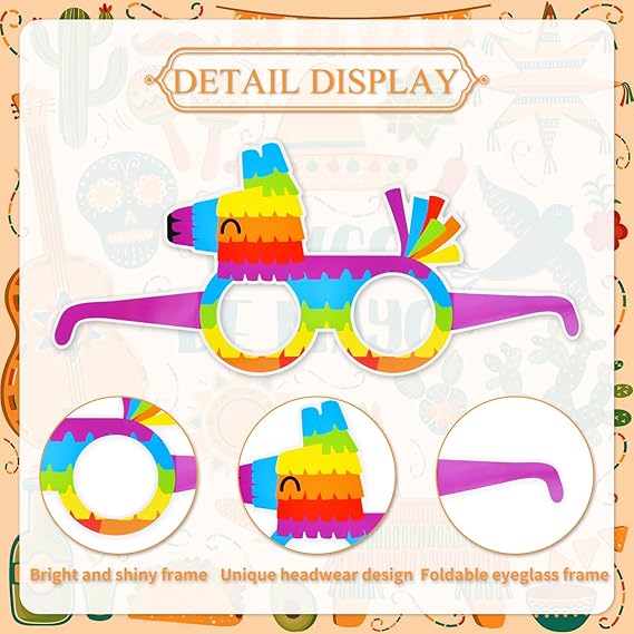 24 Pieces Mexican Fiesta Paper Party Glasses, 12 Designs with 2 Each - Fun Taco, Sombrero, Pi&#xF1;ata, Cactus, and Maraca Eyeglasses for Cinco de Mayo, Mexican Birthday Party Favors, and Photo Booth Props