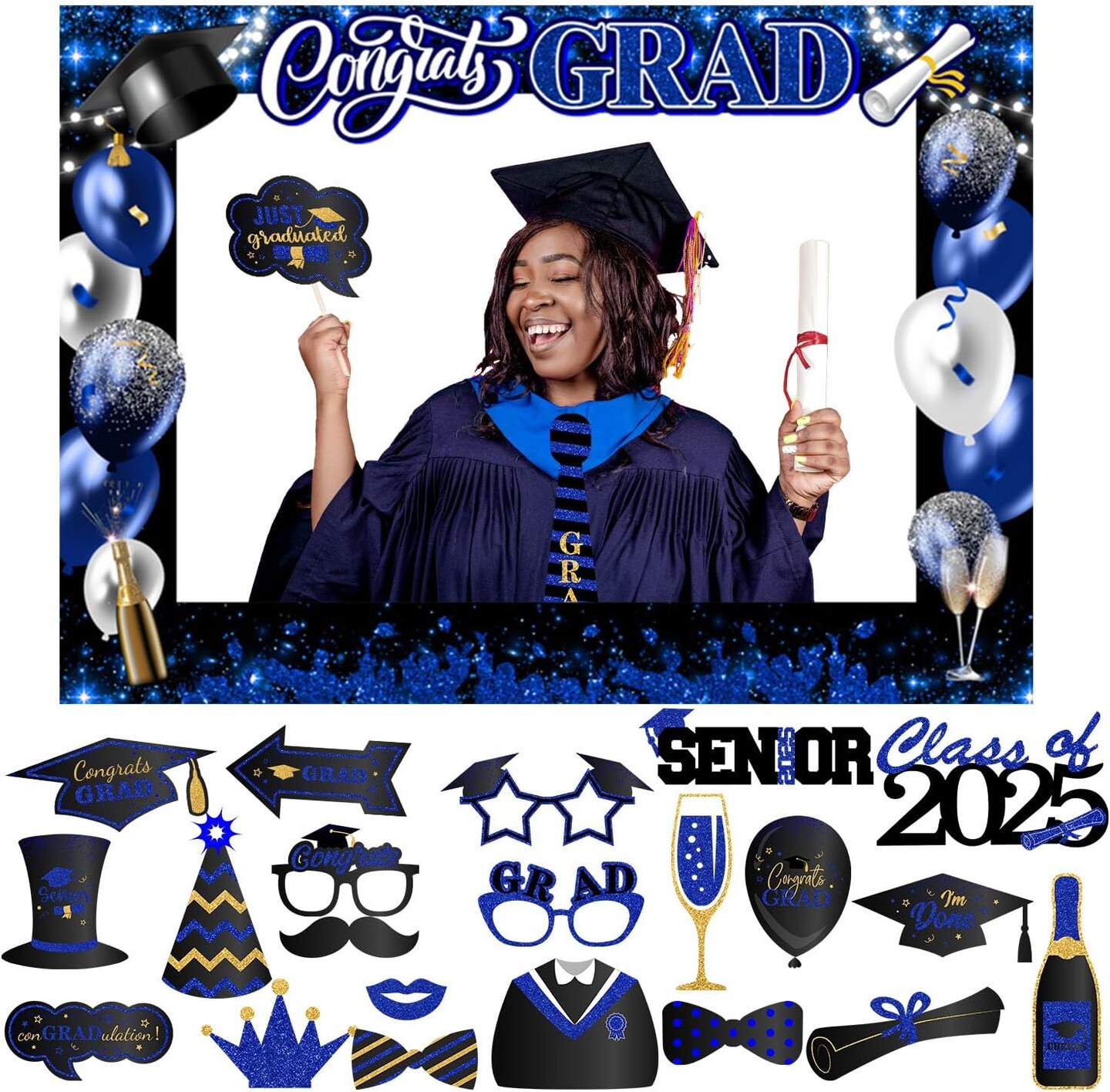 Graduation Photo Booth Props-Blue Class of 2025