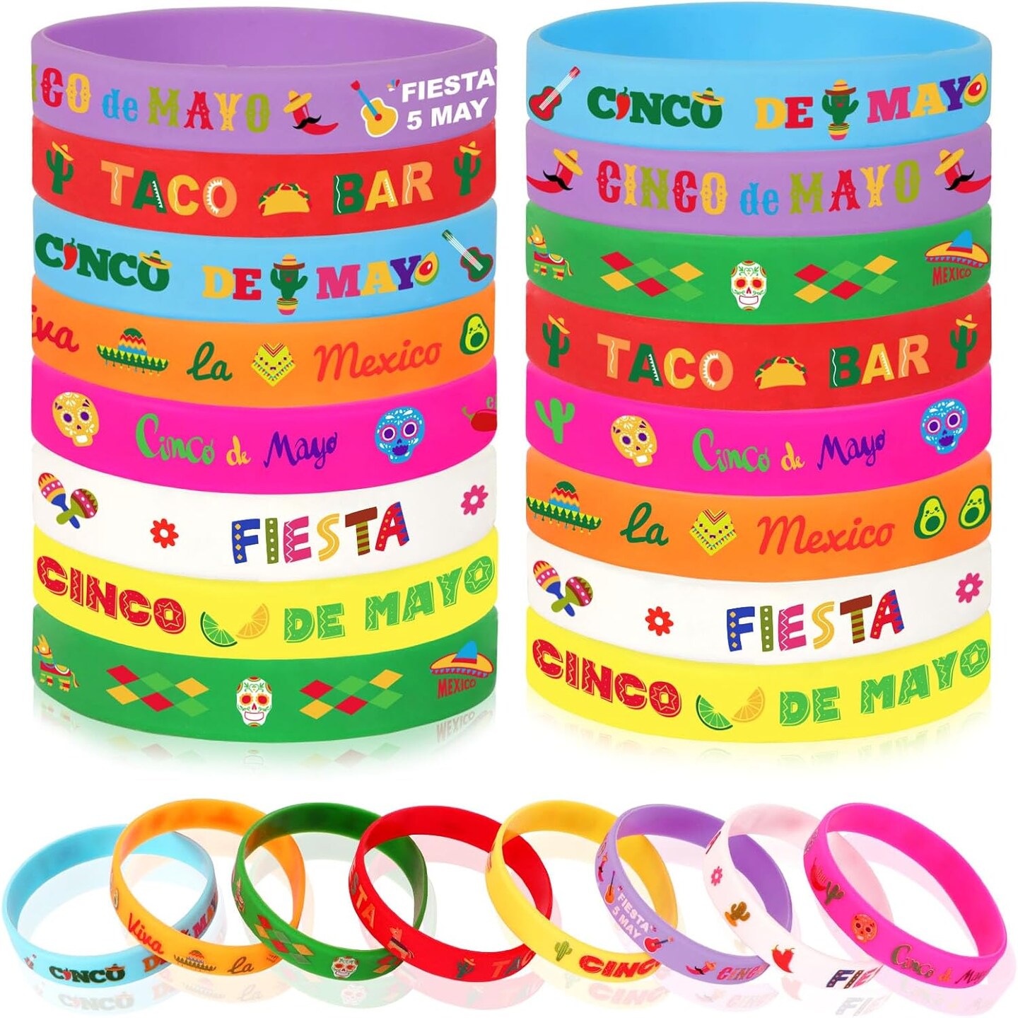 24pcs Mexican Fiesta Party Favors Silicone Bracelets Cactus Guitar Hat Rubber Wristbands for Fiesta Mexican Birthday Party Decorations Gift Goodie Bag Stuffers(8 Designs)