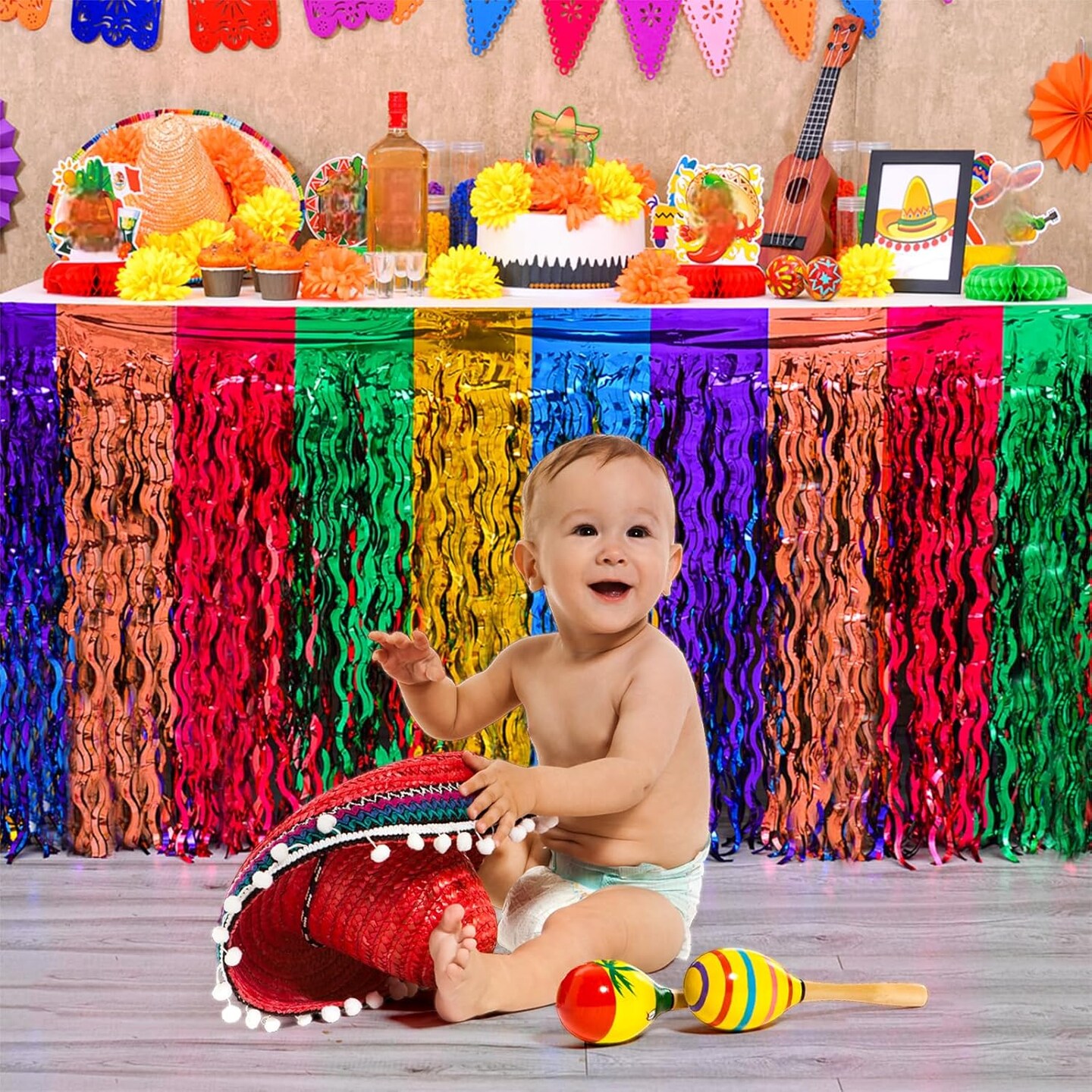 Cinco de Mayo Decorations, 2 Pack Fiesta Party Wavy Metallic Tinsel Foil Fringe Table Skirts, Perfect Mexican Themed Decors for Mexican Taco Dia De Los Muertos Birthday Party Table Bar Decor