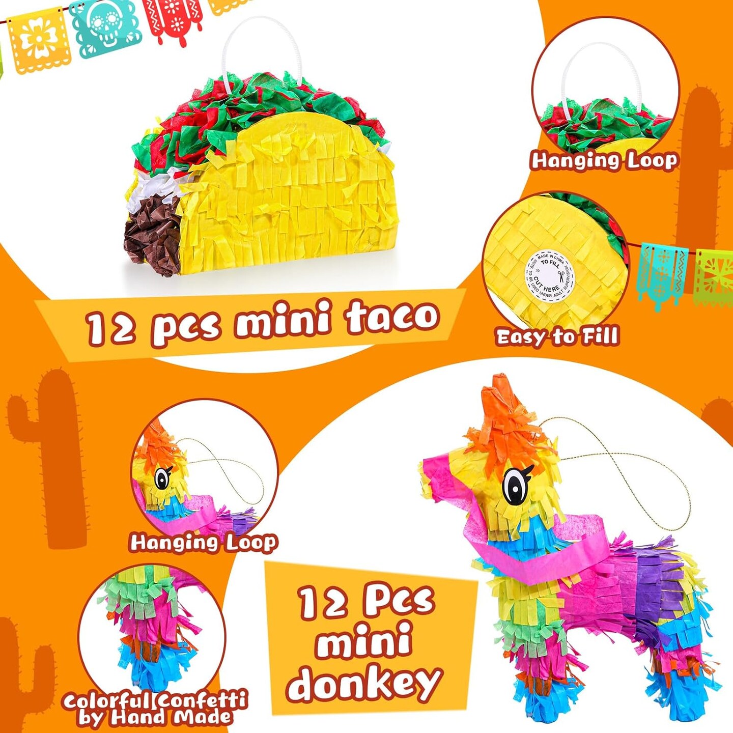 24 Pcs Mini Pi&#xF1;ata Bulk, 12 Pcs Mini Donkey and Taco Pi&#xF1;ata for Cinco De Mayo, Mexican Birthday Party, Fiestas Decorations Party Favors, Day of the Dead, Table Decor