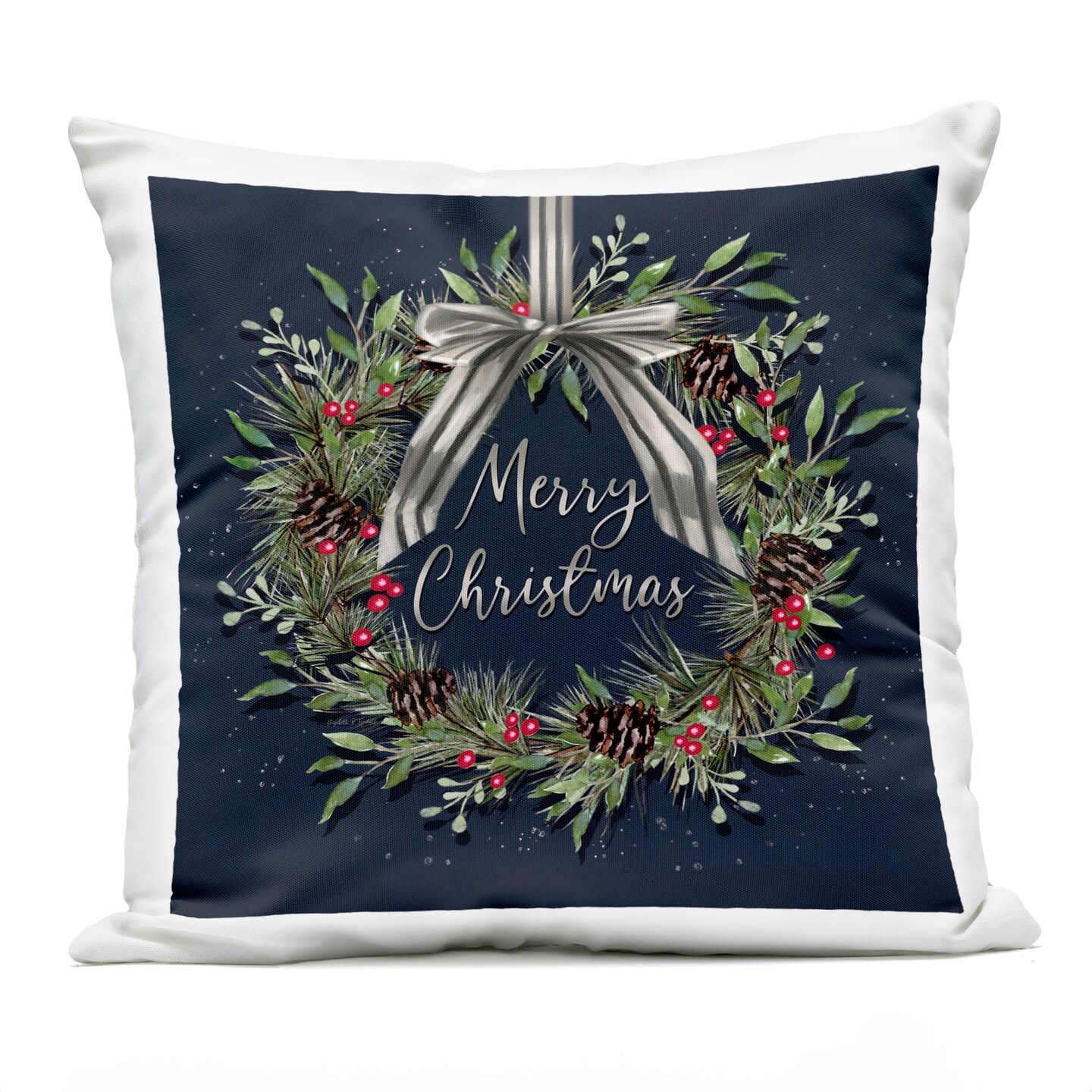 Stupell Industries Hanging Christmas Wreath with Bow Outdoor Printed Pillow design by Elizabeth Tyndall, 18 x 7 x 18