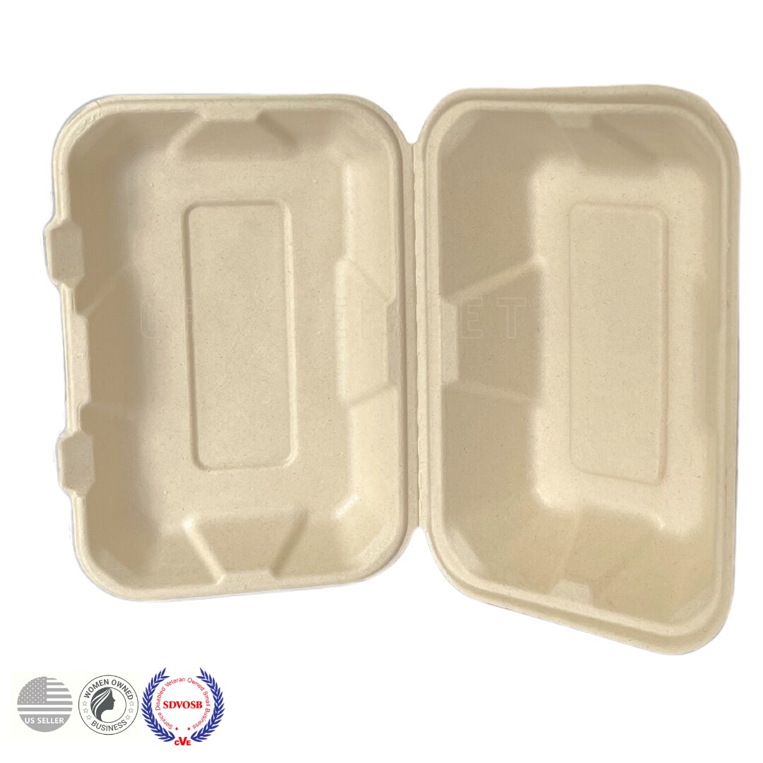 Greener Settings 75-Pack Compostable 9x6 Inch Clamshell Food Containers, Disposable Heavy-Duty Bagasse To-Go Boxes, Microwavable, Recyclable, Freezer Safe for Nachos, Wings, Cookies, Meals