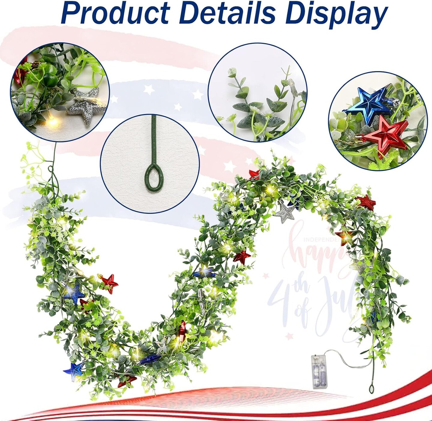 6 FT LED July Garland with String Lights for 4th of July Decorations