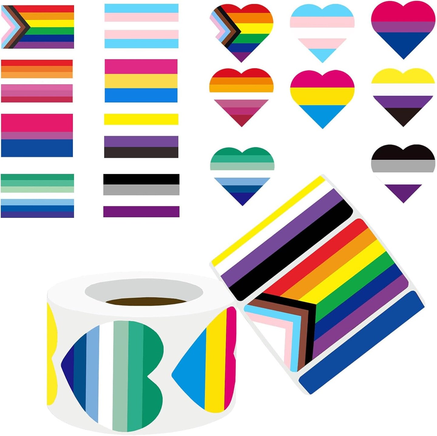 Pride Stickers 1000 PCS, LGBTQ+ Heart & Flag Stickers Pack Roll for Transgender Lesbian Bi Nonbinary Gay Pan ACE Stuff Parade Accessories Present