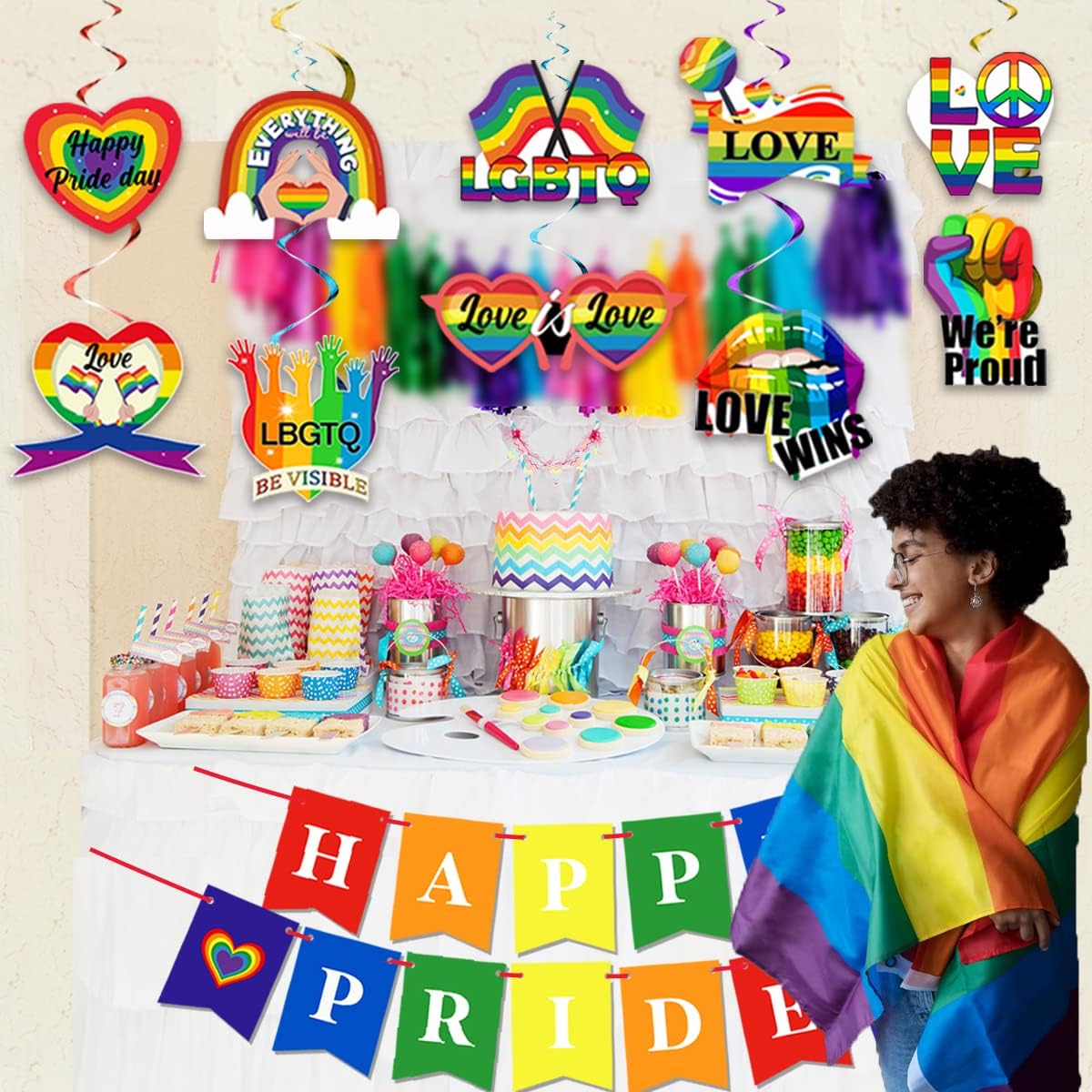 Gay Pride Day Supplies-Love is Love Hanging Swirls Decoration,Happy Pride Day Banner for LGBTQ Month Ceiling Decoration