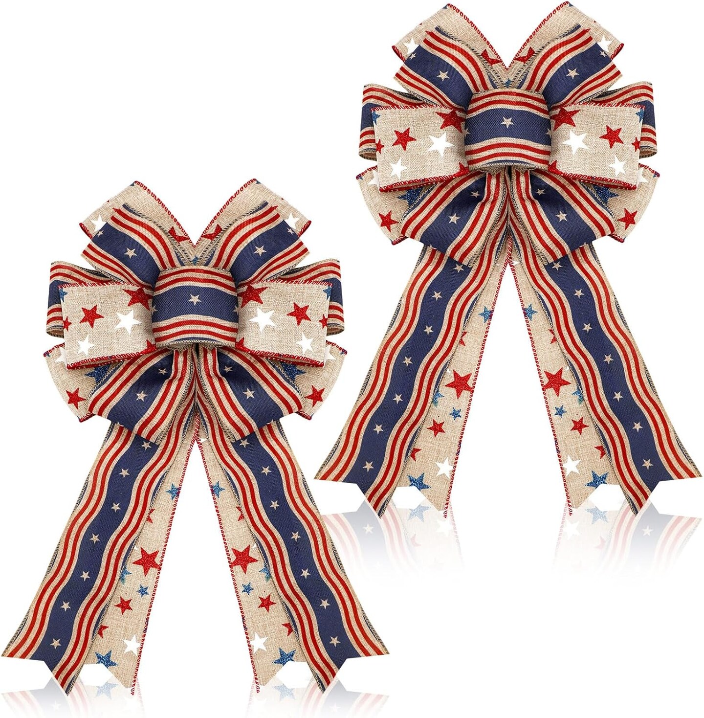 2 Pcs Red White Blue Bows Happy Labor Day Bow American Flag Bow Patriotic Wreath Burlap Bow Memorial Day Tree Topper for Indoor Outdoor Independence Day Party Decoration