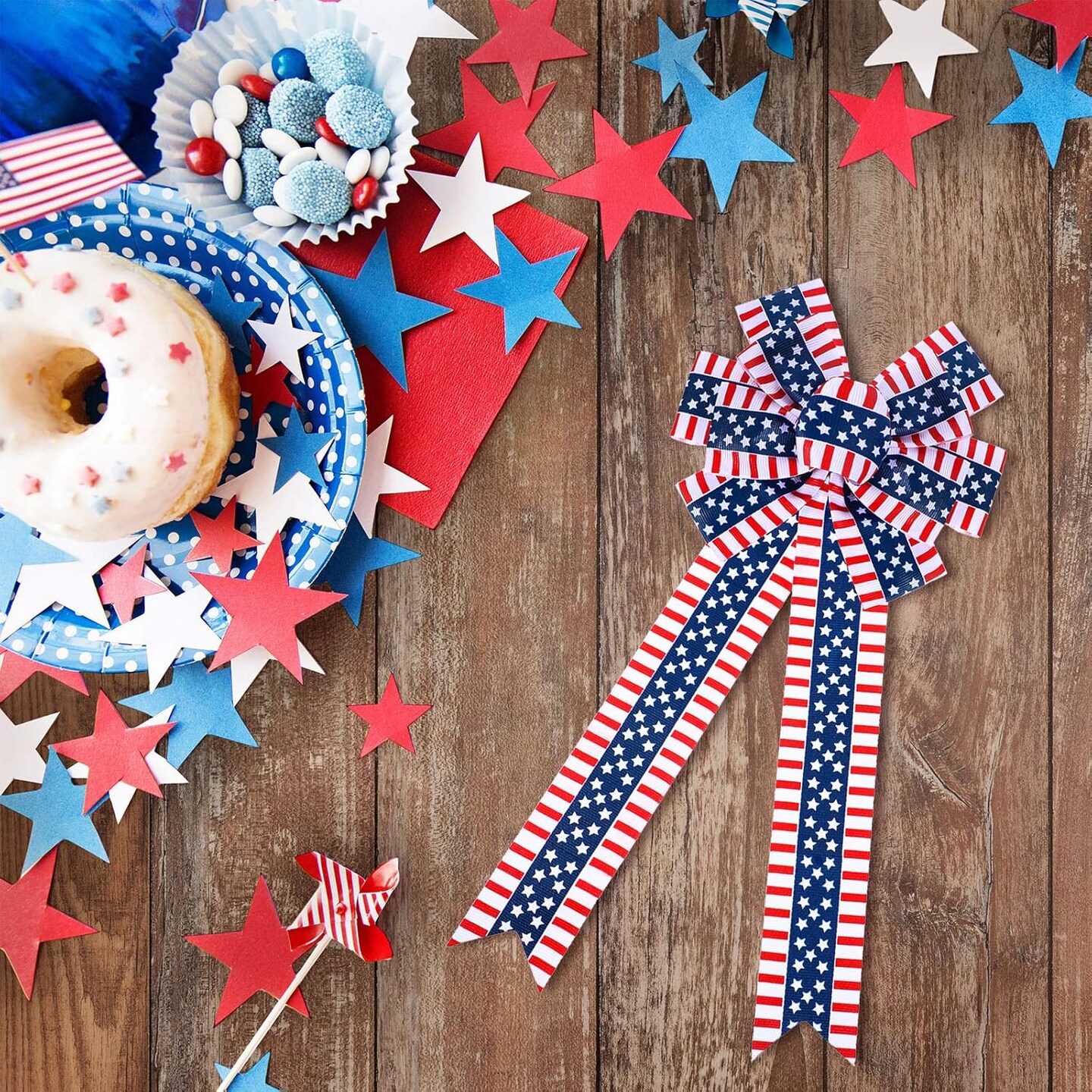 6 Pcs 4th of July Patriotic Wreath Bow Red White Blue Stripe Star Bow American Flag Bunting Bows Memorial Day Decoration for Indoor Outdoor Holiday Independence Day Decorations