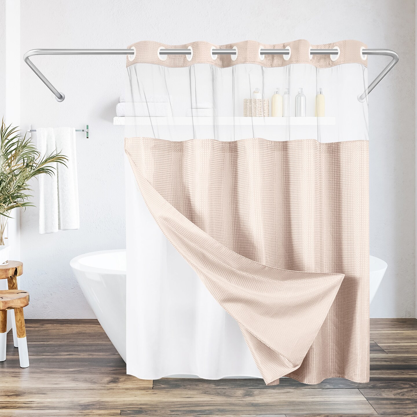 Americanflat 72x75 Hookless Waffle Pattern Shower Curtain - Water-Resistant Long Shower Curtain with Sheer Panel, Snap-In Liner, and Grommets