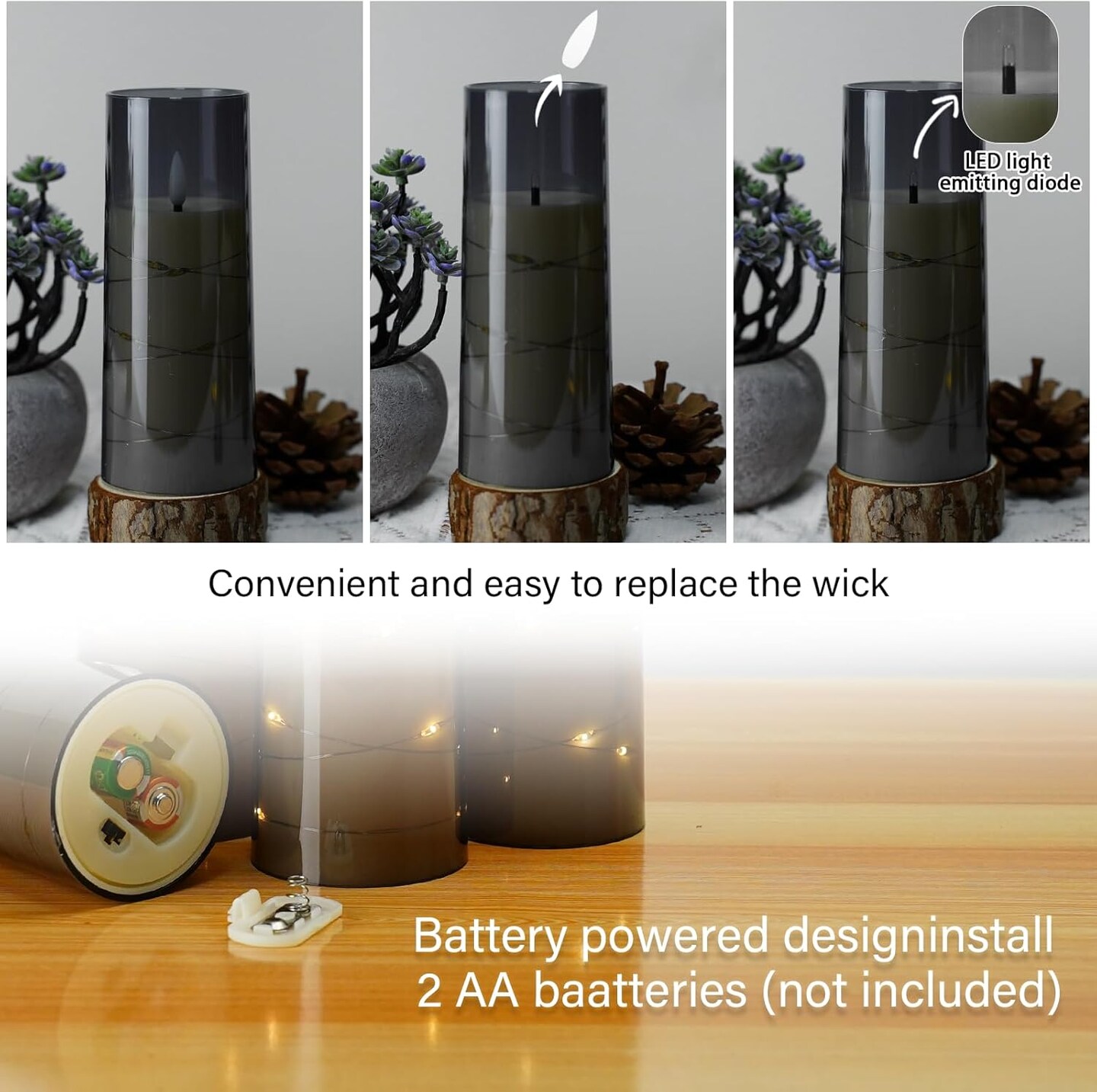 Flameless LED Candles with Timer 5 Pc Flickering Flameless Candles for Romantic Ambiance and Home Decoration Stable Acrylic Shell,with Embedded Star String,Battery Operated Candles(Grey)