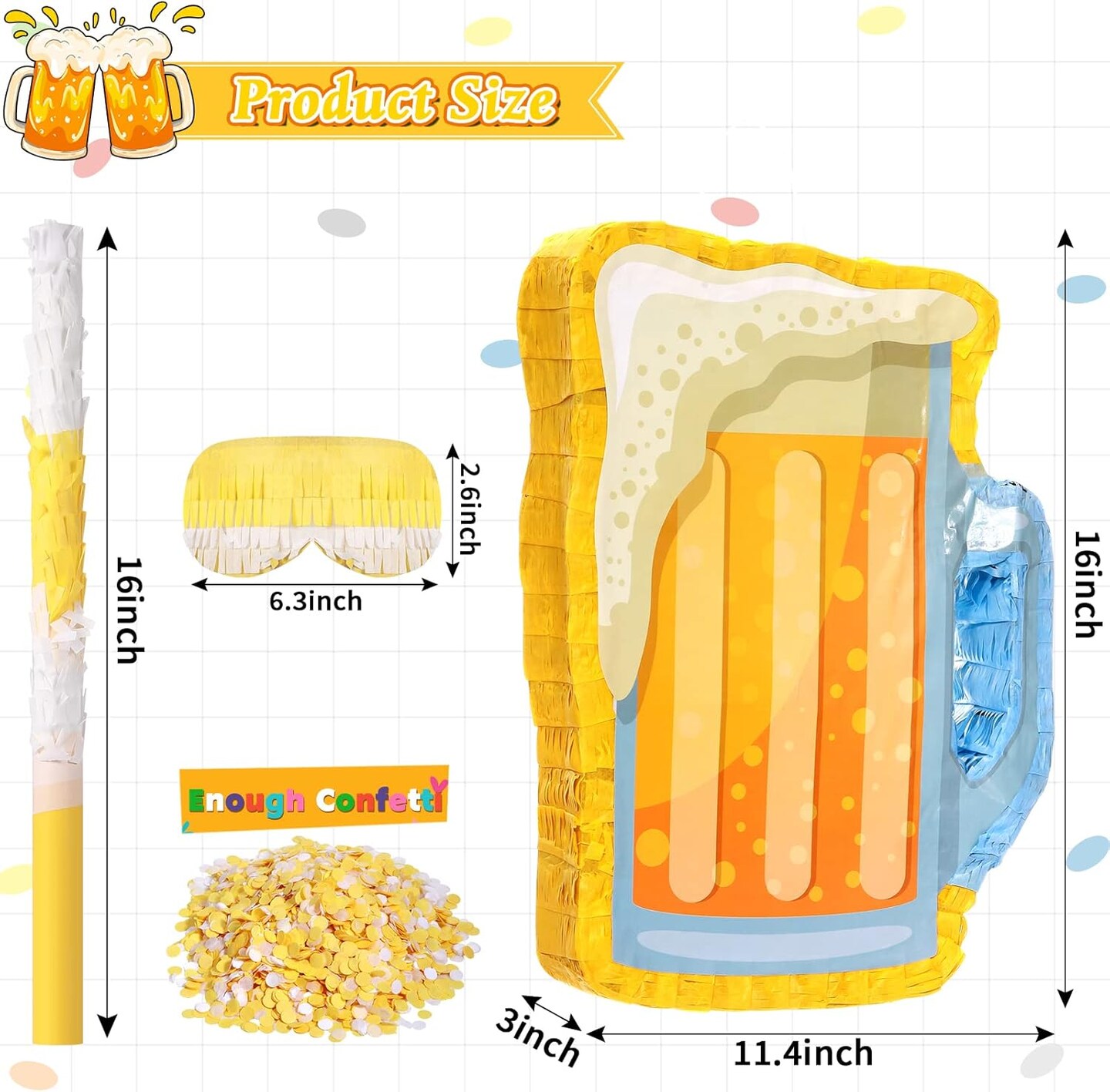 Beer Pi&#xF1;ata with Stick and Blindfold Confetti Cheers to Beers Glass Mug Hanging Decoration Mexican Pi&#xF1;atas for Adult Birthday Bachelor Party Game Supplies (Lovely)