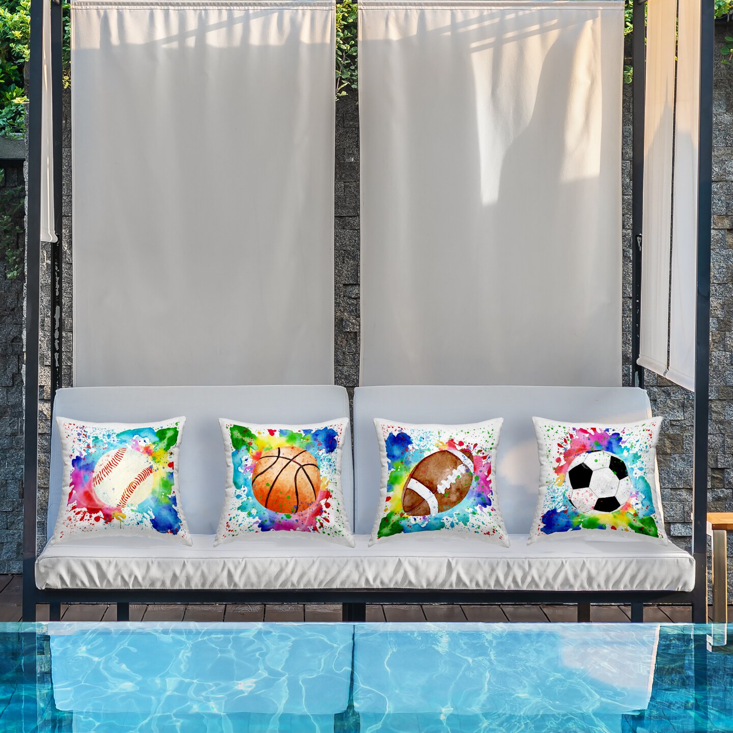 Stupell Industries Modern Sports Balls Splash 4pc Outdoor Printed Pillow Set design by Kim Allen, 18 x 7 x 18