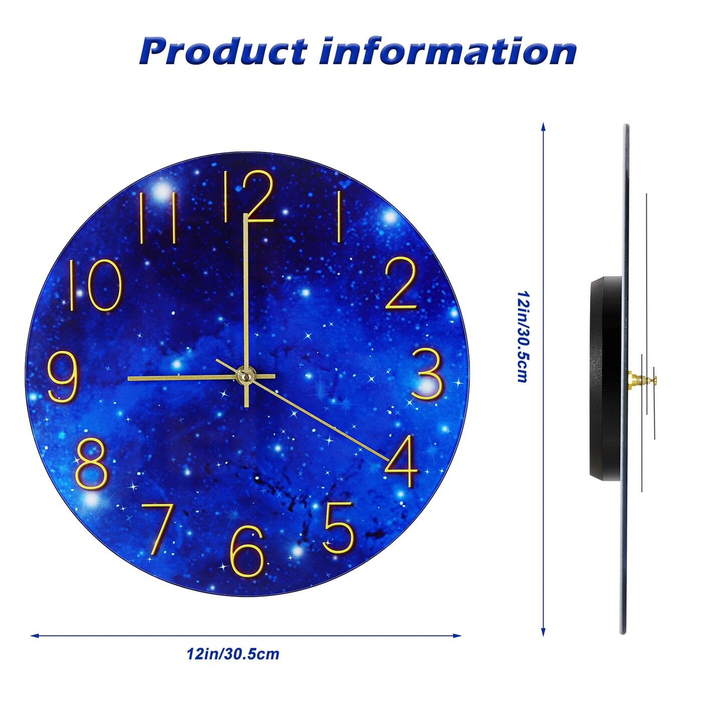 12-Inch Blue Glass Galaxy Wall Clock for Bedroom, Living Room, Office &#x2013; Frameless Silent Battery Operated Round Clock with Tempered Glass (Requires 1x AA Battery)