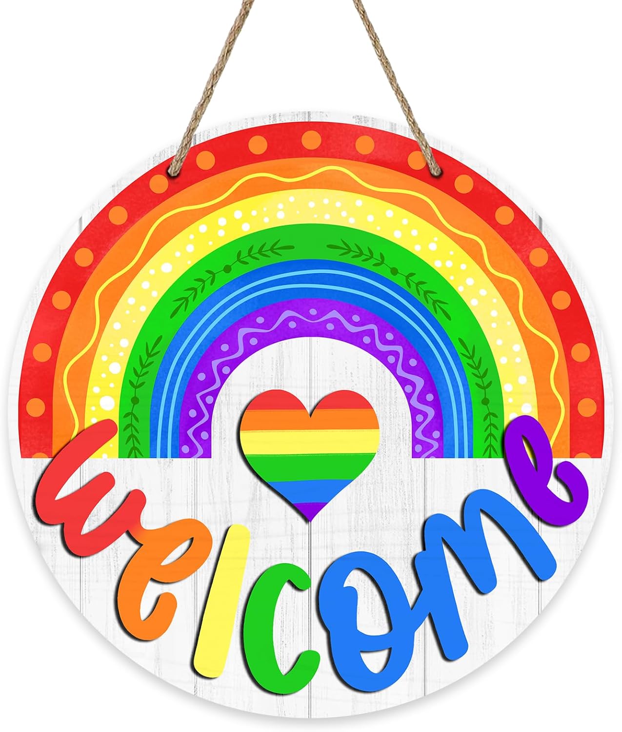 Welcome Rainbow Love Heart Front Door Sign, LGBTQ Wood Door Hanger Pride Month Outdoor Outside Porch Decor, Gay Lesbian Bisexual Pansexual Farmhouse Wooden Wreath Indoor Wall Hanging Decoration