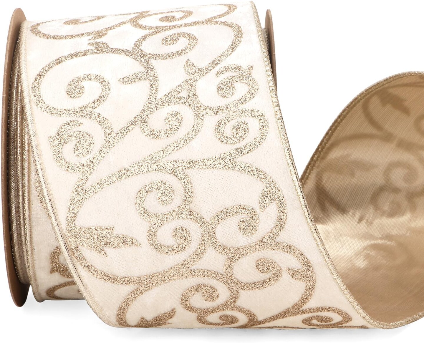 Ivory Velvet Ribbon Wired with Glitter Swirl 4 Inch Christmas