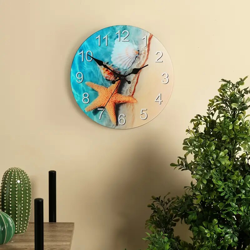 12-Inch Seashell Wall Clock &#x2013; Frameless Silent Non-Ticking Glass Clock for Home, Office, Battery Operated (1x AA Required)