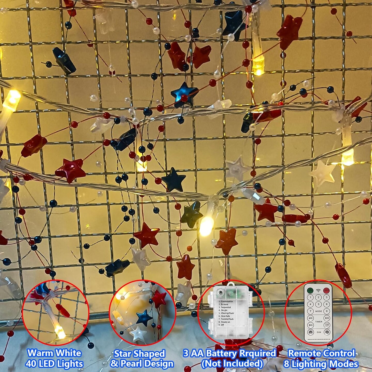 14Ft 40 LED Red White Blue Star Garland with Lights for 4th of July Decorations