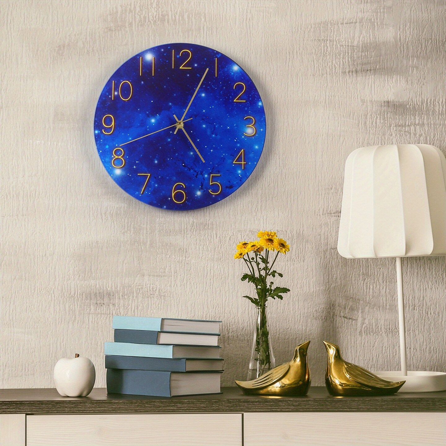 12-Inch Blue Glass Galaxy Wall Clock for Bedroom, Living Room, Office &#x2013; Frameless Silent Battery Operated Round Clock with Tempered Glass (Requires 1x AA Battery)
