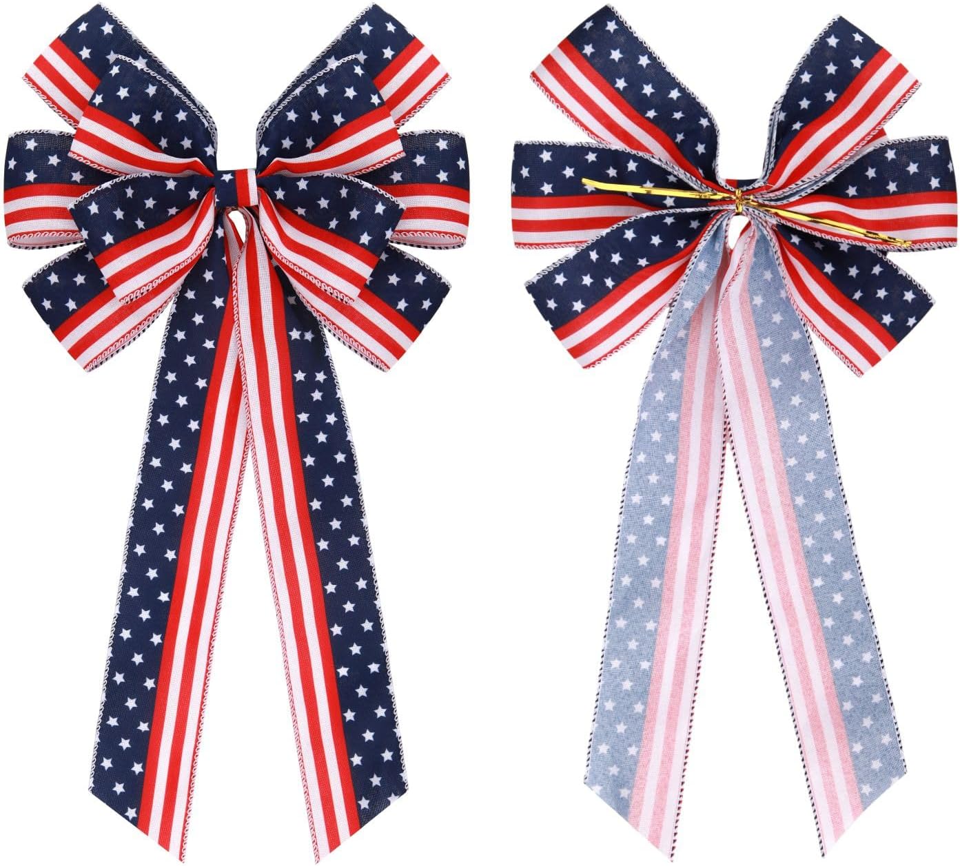 2 Pcs Large Patriotic Bows for Wreaths American Flag Stars Bow for 4th of July,Independence Day Bunting Indoor Outdoor Party Decor (Red White Blue Star Bows)