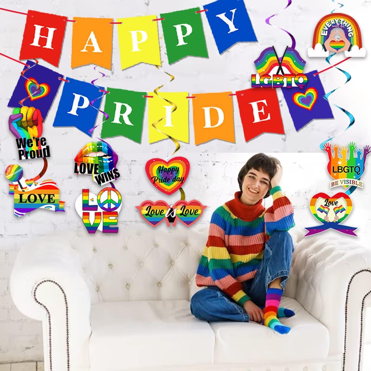 Gay Pride Day Supplies-Love is Love Hanging Swirls Decoration,Happy Pride Day Banner for LGBTQ Month Ceiling Decoration