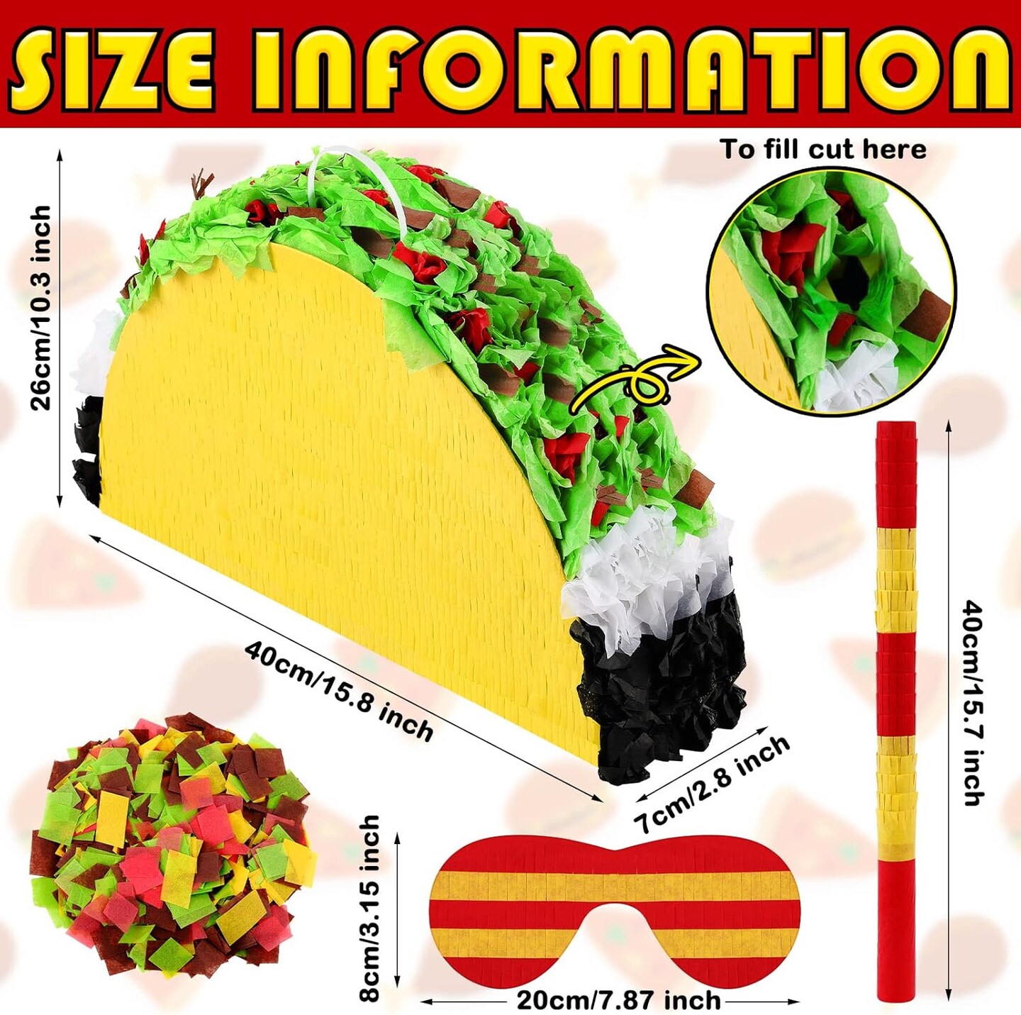 Mini Taco Pi&#xF1;ata Mexican Decorations Taco Party Supplies Fiesta Cinco De Mayo Party Decorations with Wooden Stick Paper Blindfold Confetti Set for Adults Girls and Boys, 15.8x 10.3 x 2.8 Inch