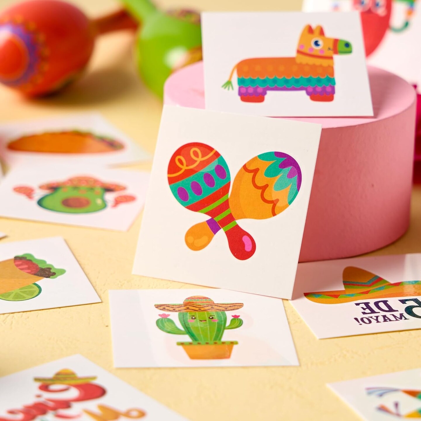 144 PCS Cinco De Mayo Temporary Tattoo Set for Mexican Themed Party, Fiesta Party Fake Tattoos Stickers Sombrero Hats, Taco Design, Face Body Tattoo Decorations