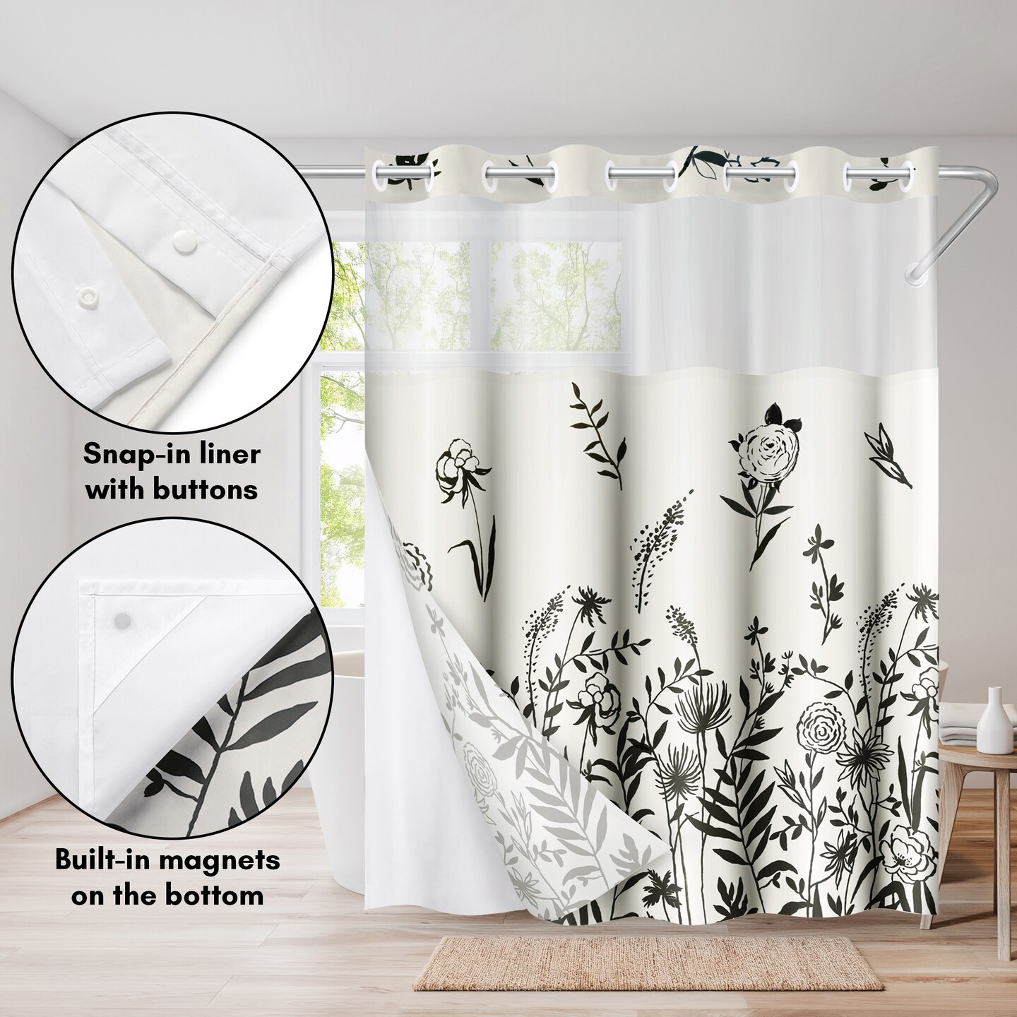 Americanflat 72x75 Hookless Shower Curtain - Floral Cream and Black Shower Curtain with Sheer Panel, Snap-In Liner, and Grommets - 100% Polyester