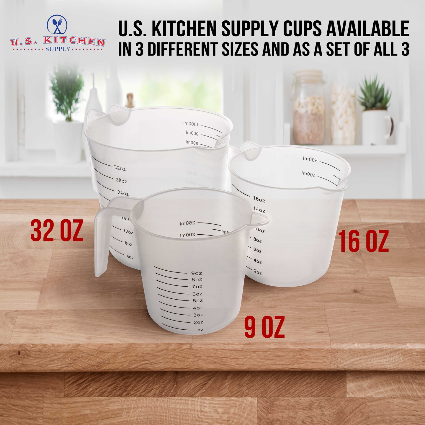 U.S. Kitchen Supply&#xAE; - 8 oz (250 ml) Plastic Graduated Measuring Cups with Pitcher Handles (Pack of 6), 1 Cup Capacity, Ounce, ML Markings, Measure Mix