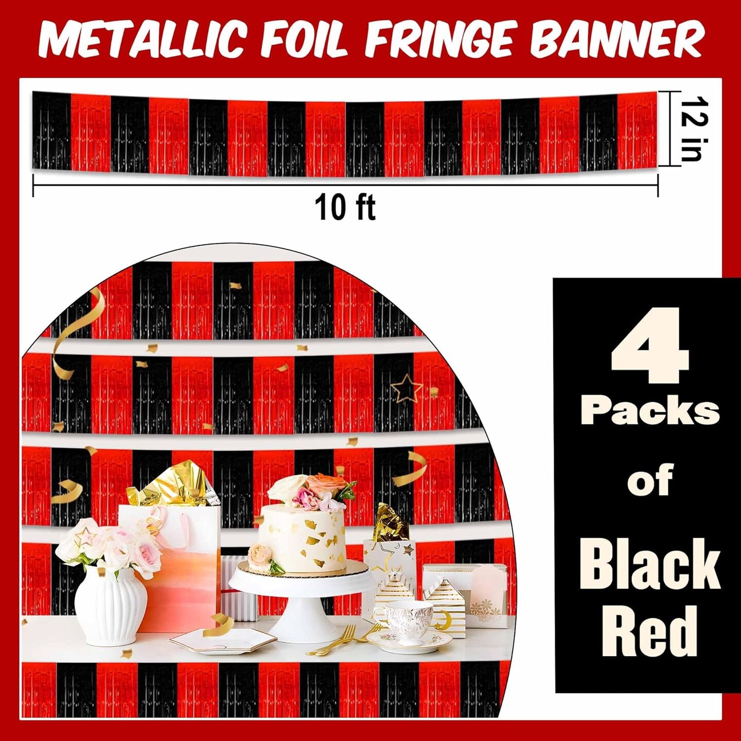 4 Pack 10 Ft Black and Red Foil Fringe Garland for Party Decorations