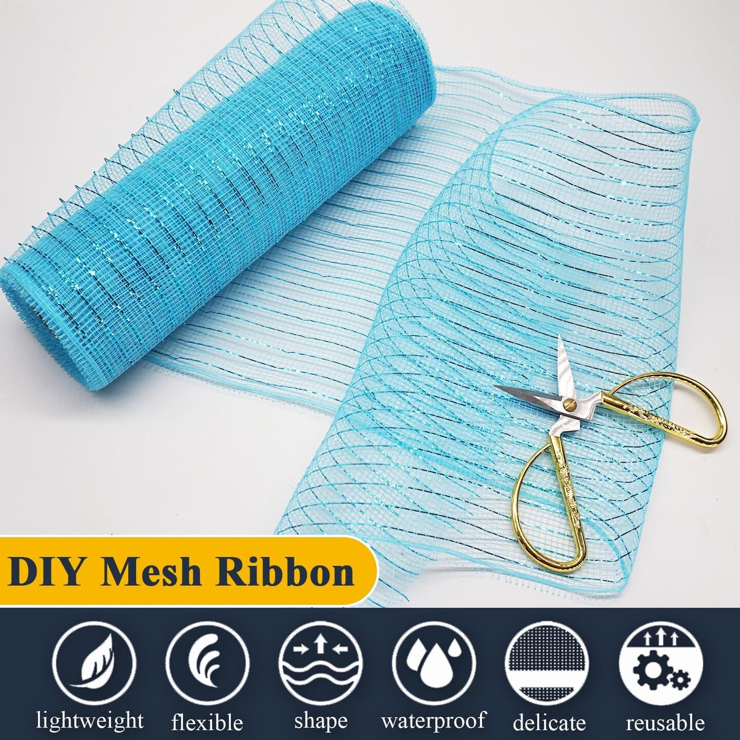 2 Pcs Blue Deco Mesh Ribbon Rolls 10 Inch 10 Yards(30 ft) Decorative Mesh Fabric with Foil