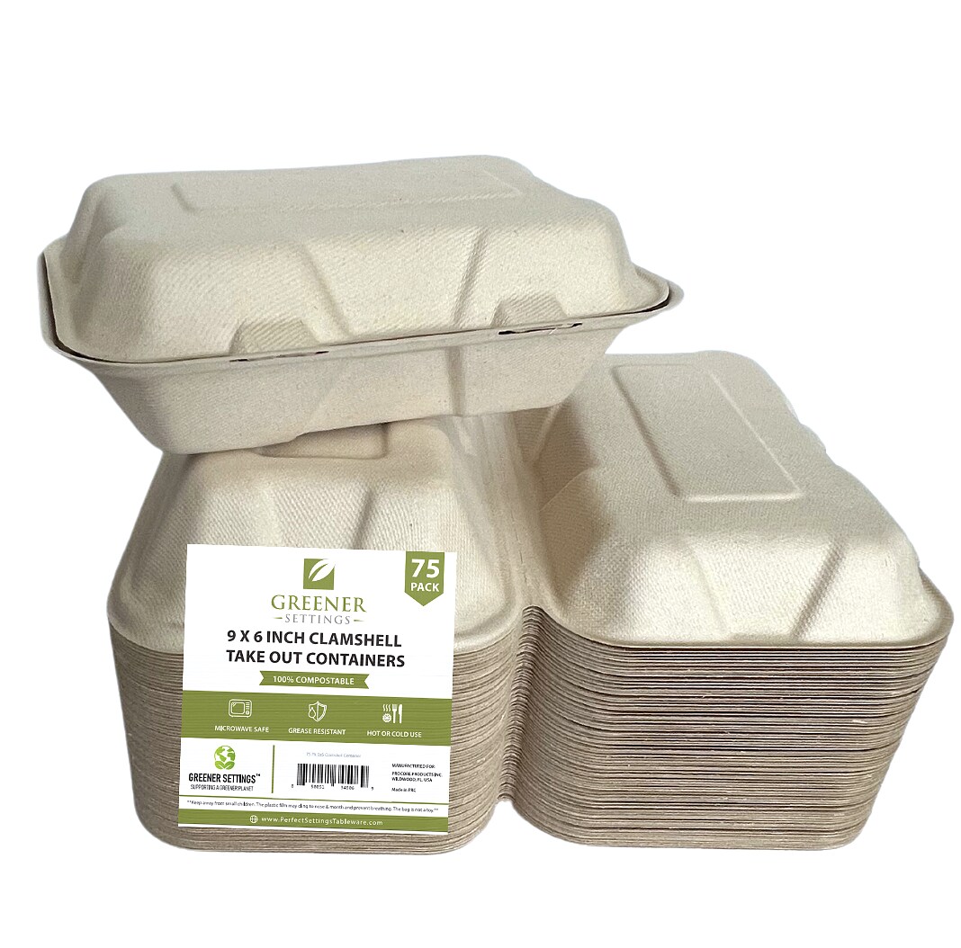 Greener Settings 75-Pack Compostable 9x6 Inch Clamshell Food Containers, Disposable Heavy-Duty Bagasse To-Go Boxes, Microwavable, Recyclable, Freezer Safe for Nachos, Wings, Cookies, Meals