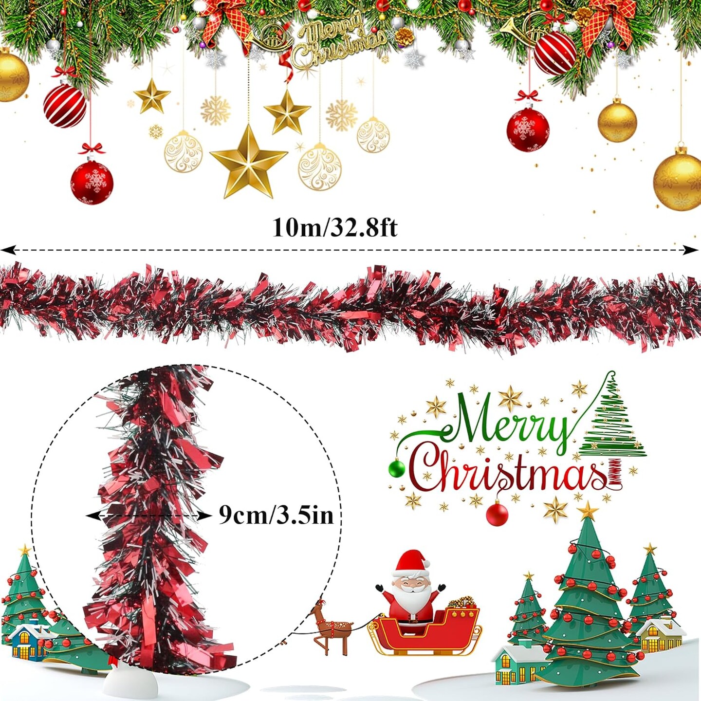 32.8 Ft Red Tinsel Garland for Party Decorations