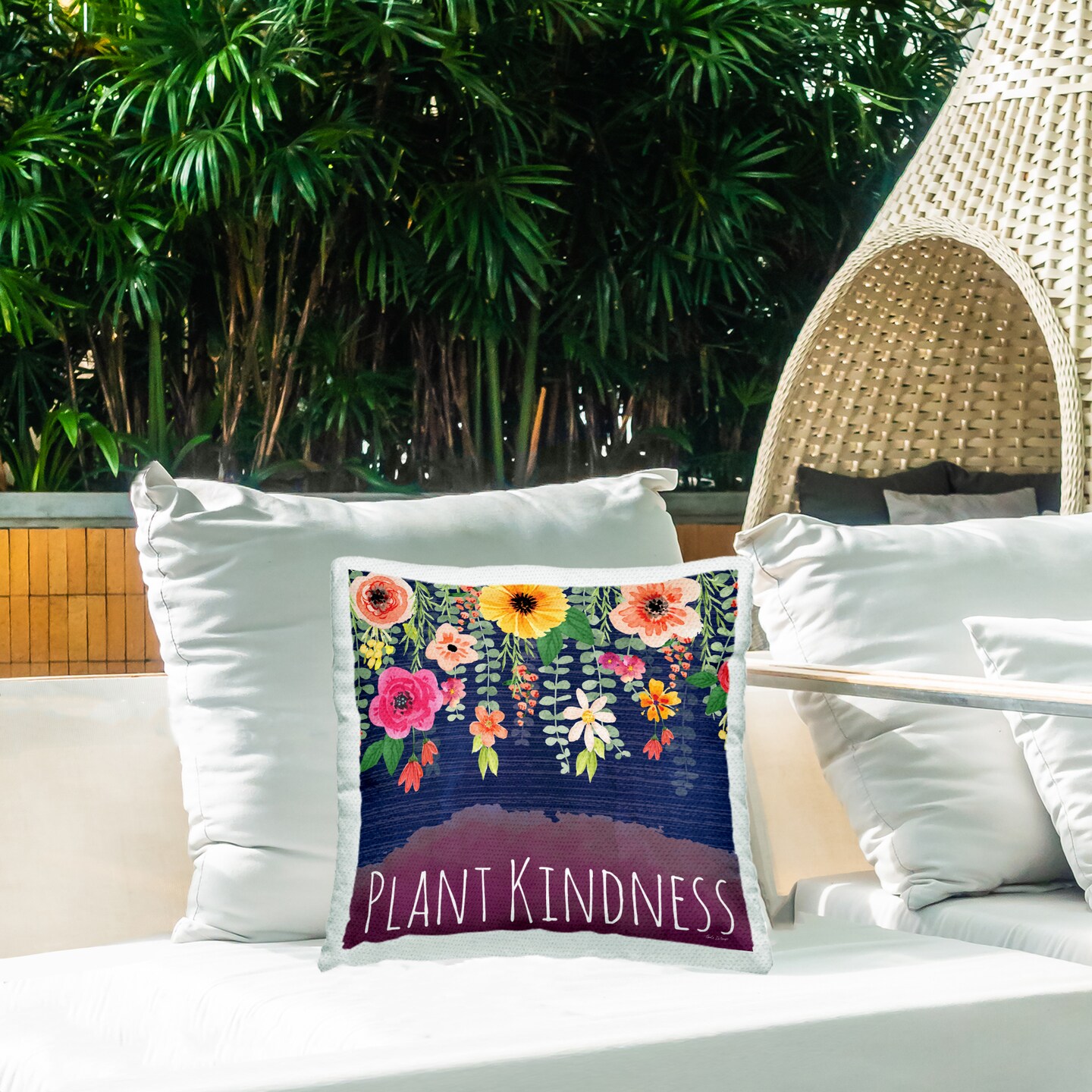 Stupell Industries Plant Kindness with Florals Outdoor Printed Pillow design by Nicole DeCamp, 18 x 7 x 18