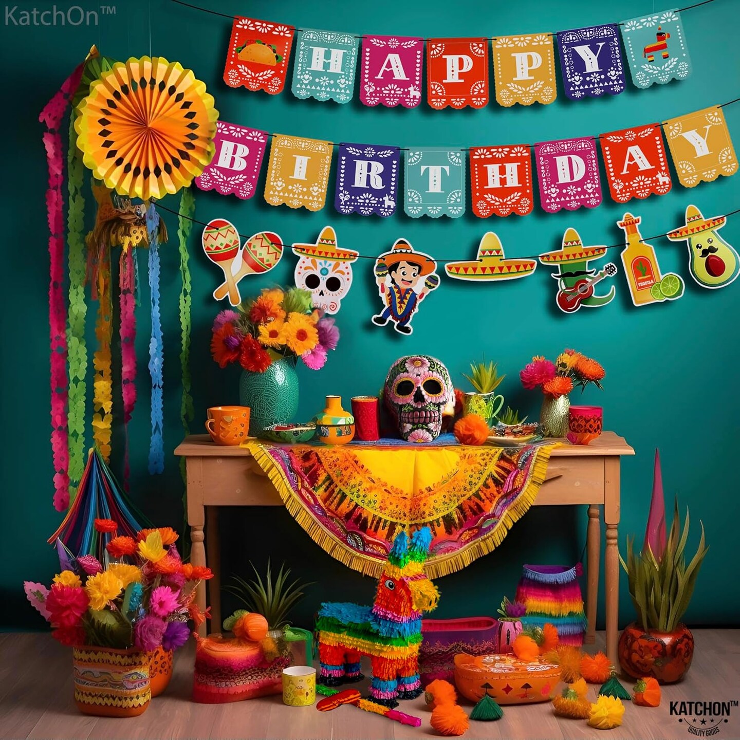 Fiesta Happy Birthday Banner - 15 feet, 3 String | Cinco De Mayo Theme, Mexican Fiesta Pinata Sombrero Garland for Mexican Birthday Party Decorations | Mexican Banner Fiesta Party Decorations