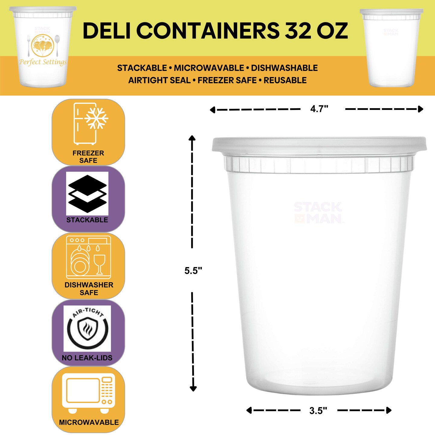 Perfect Settings 32oz Deli Containers with Lids - 24 Sets Quart Freezer Storage Containers - Leakproof, Stackable, Microwave Safe Soup Storage Plastic Soup Containers for Meal Prep Leftovers Takeout