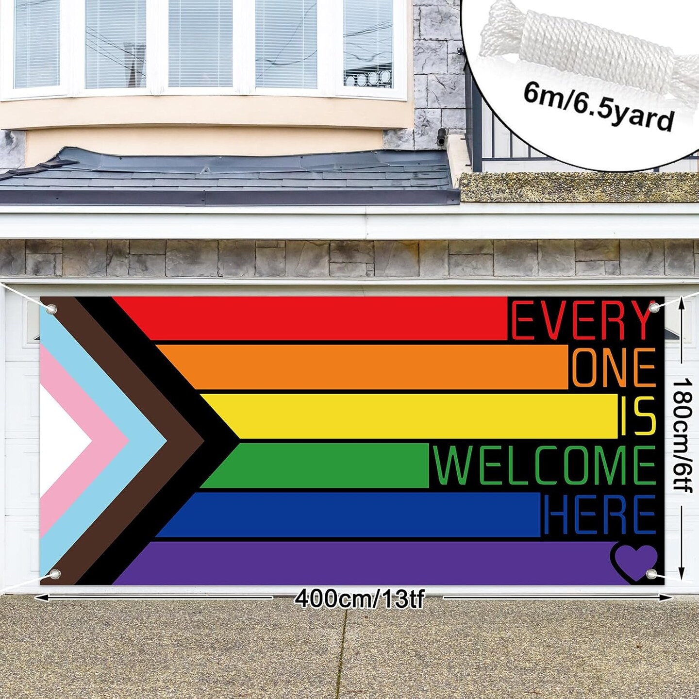 Pride Day Garage Door Banner Everyone is Welcome Cover Rainbow Large Yard Sign 6 x 13 Ft Photo Booth Background Props for Indoor Outdoor Wall Door House Party Decor