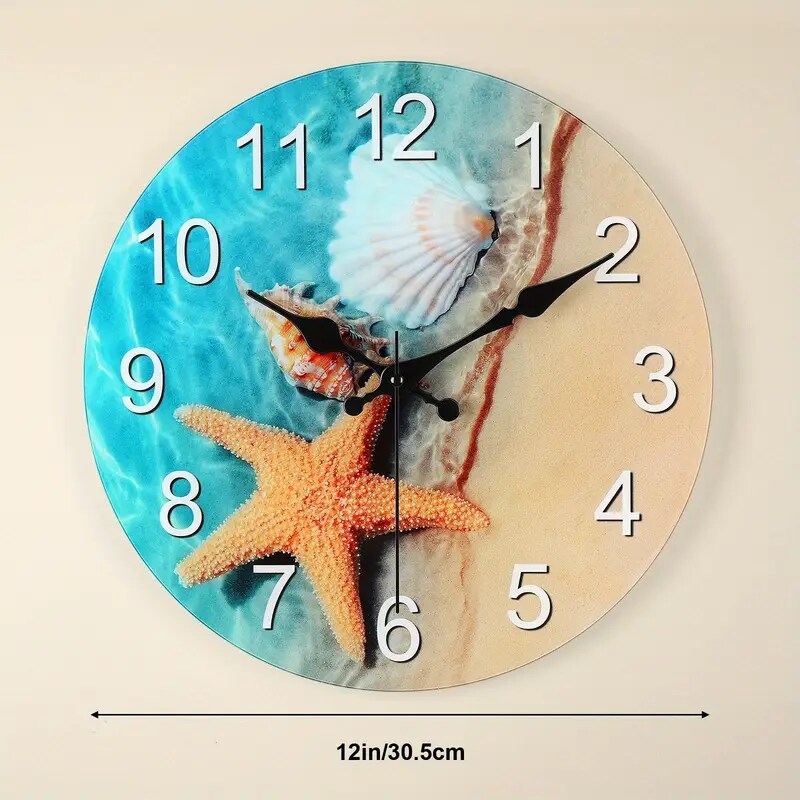 12-Inch Seashell Wall Clock &#x2013; Frameless Silent Non-Ticking Glass Clock for Home, Office, Battery Operated (1x AA Required)