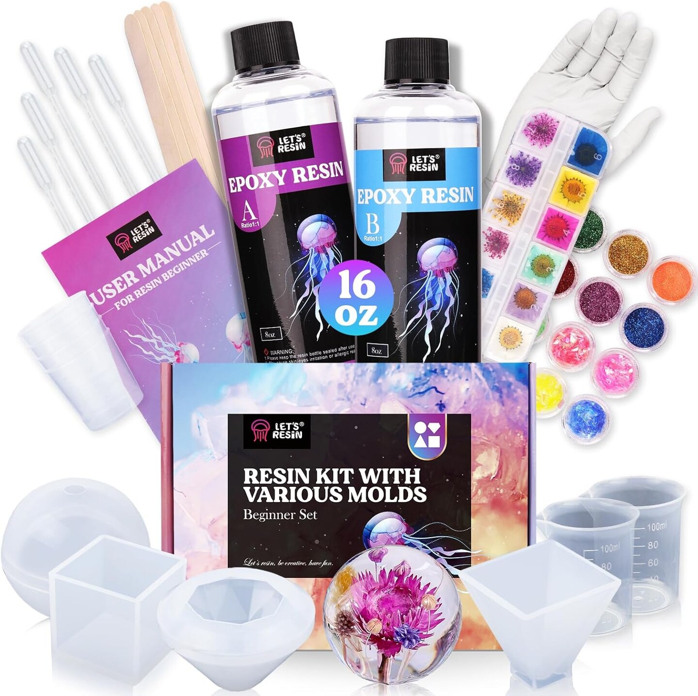 LET&#x27;S RESIN Epoxy Resin Kits and Molds Complete Set, 16oz Resin Art Kit with Silicone Molds, Pigment, Dried Flowers, Crafts for Adults, Beginners, Art Supplies for DIY Lovers, DIY Gift for Women