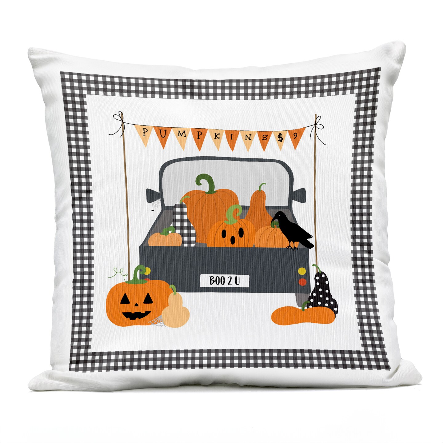 Stupell Industries Pumpkin Truck with Gingham Border Outdoor Printed Pillow design by Sazerelli Designs, 18 x 7 x 18