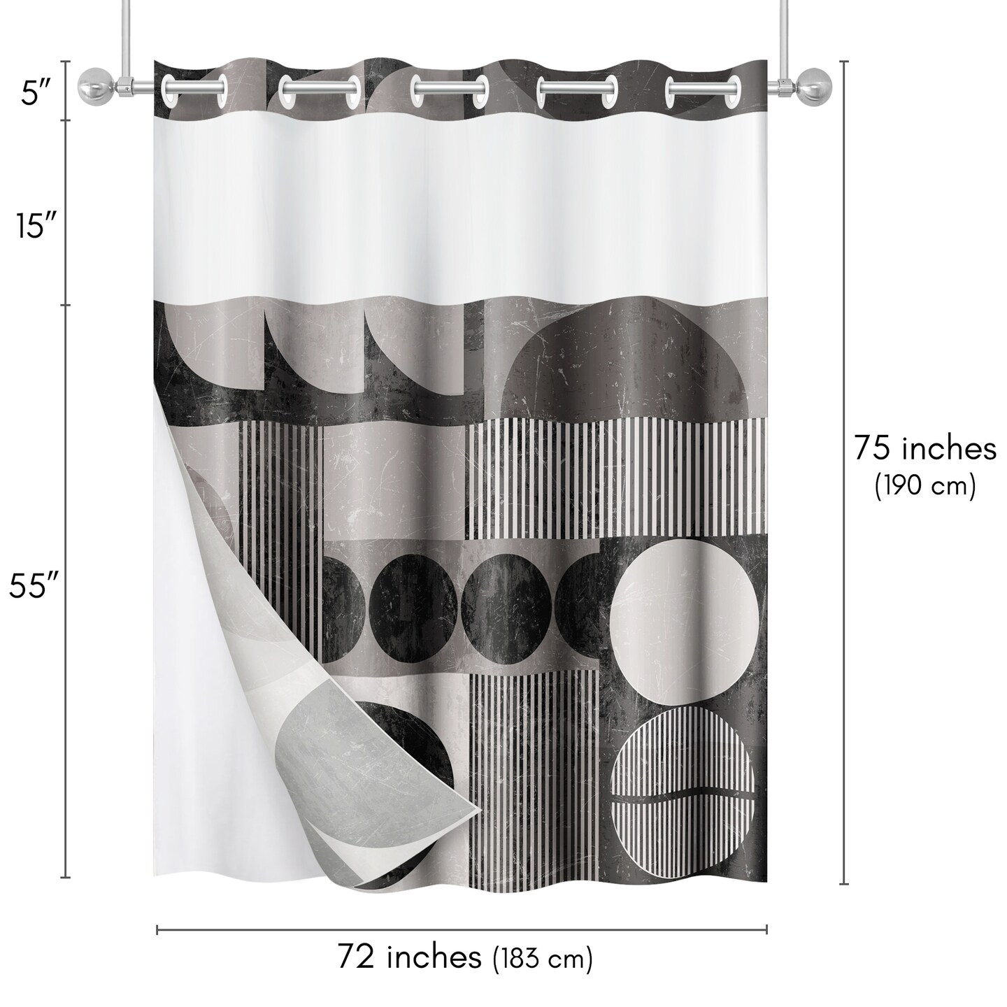 Americanflat 72x75 Hookless Shower Curtain - Abstract Shower Black Grey Curtain with Sheer Panel, Snap-In Liner, and Grommets