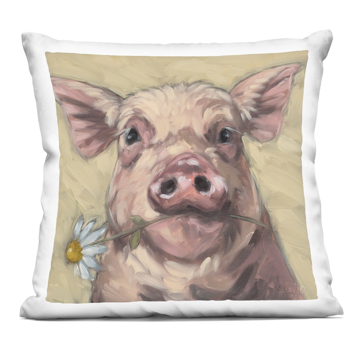 Stupell Industries Pig Holding Daisy Sprig Decorative Printed Pillow design by Sara G. Designs, 18 x 7 x 18