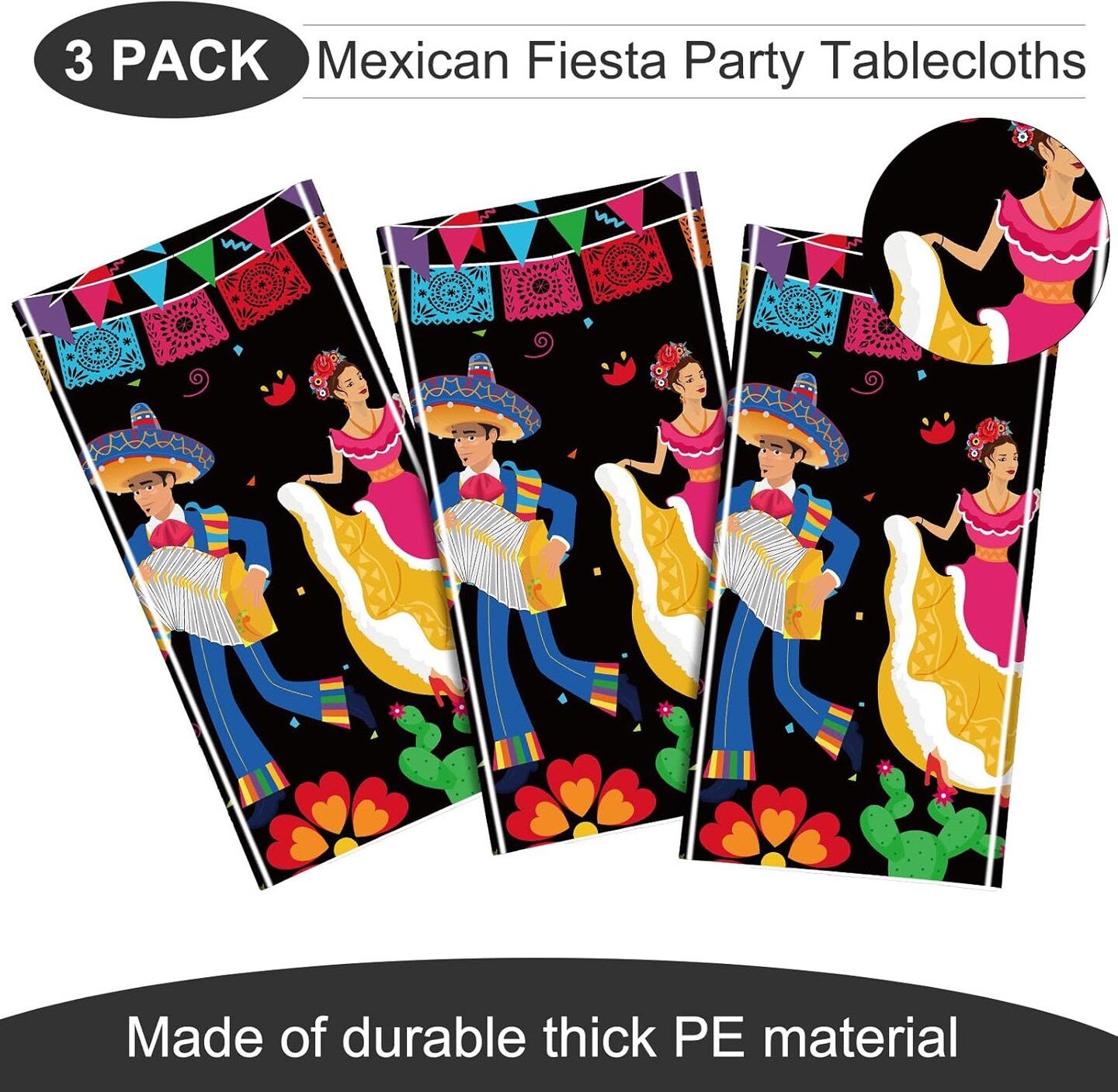 3 Pcs Mexican Fiesta Happy Birthday Fiesta Disposable Table Cover Plastic Cinco De Mayo Tablecover for Mexican Taco Night Birthday Party Decorations Supplies, 54 x 108 Inch