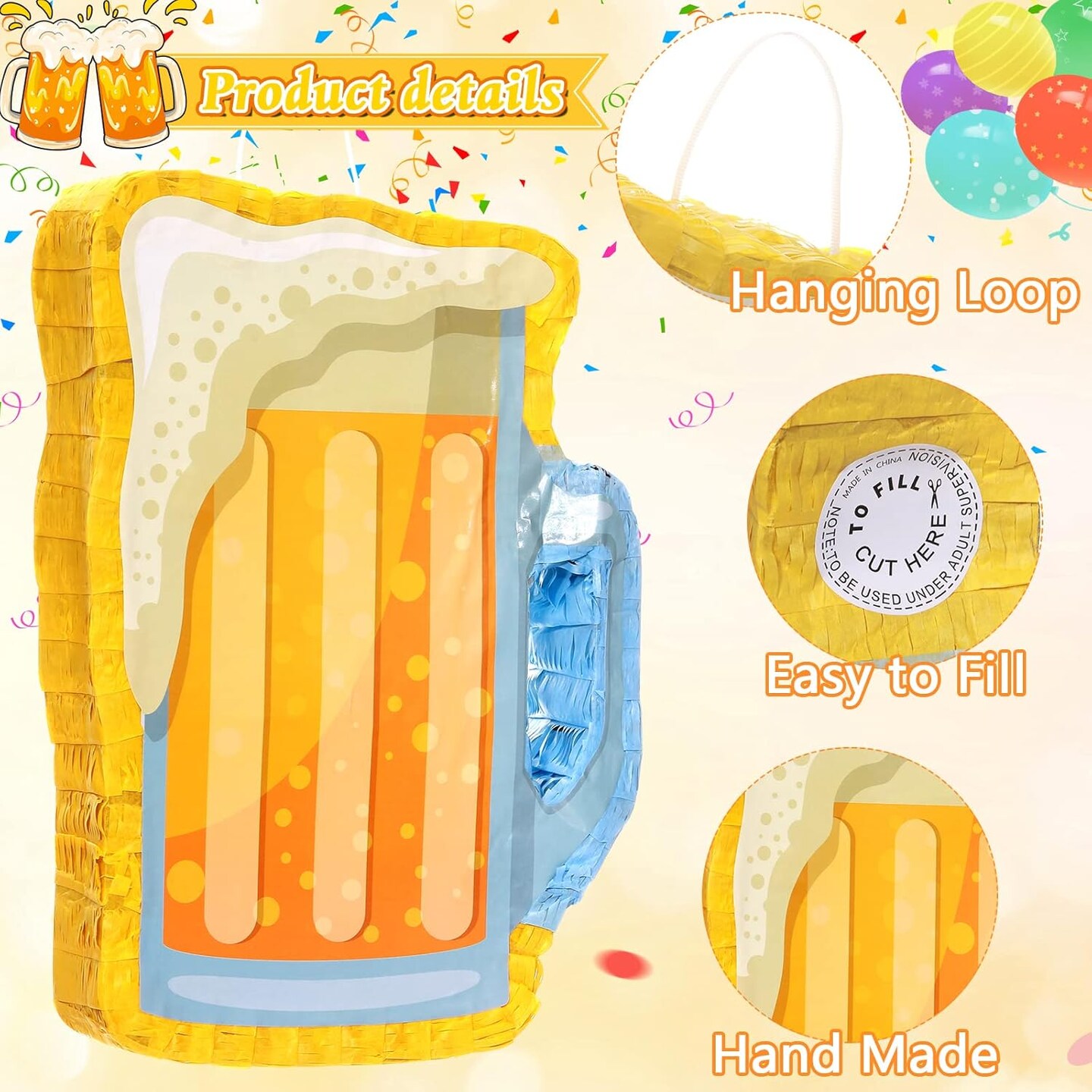 Beer Pi&#xF1;ata with Stick and Blindfold Confetti Cheers to Beers Glass Mug Hanging Decoration Mexican Pi&#xF1;atas for Adult Birthday Bachelor Party Game Supplies (Lovely)