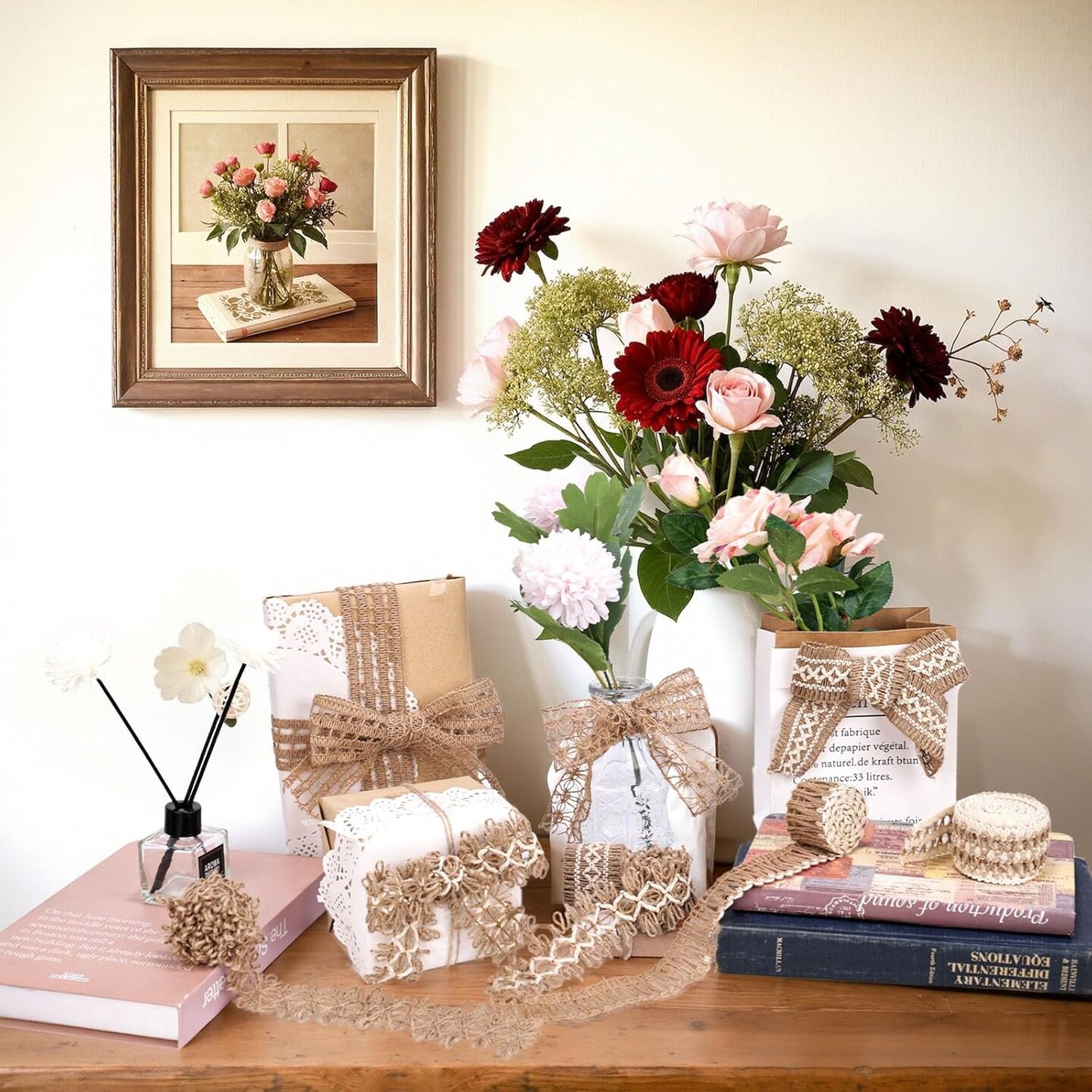 7 Rolls Burlap Ribbon, Natural Jute Ribbons Lace Mesh Wedding Trim Decor