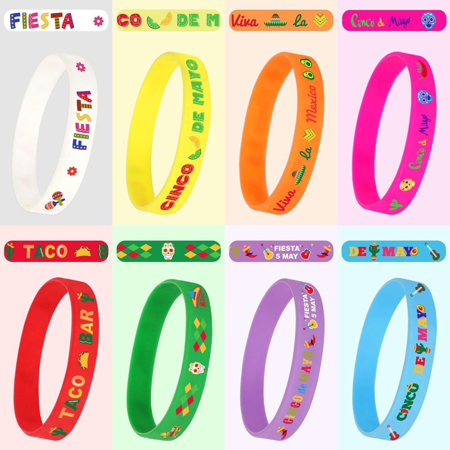 24pcs Mexican Fiesta Party Favors Silicone Bracelets Cactus Guitar Hat Rubber Wristbands for Fiesta Mexican Birthday Party Decorations Gift Goodie Bag Stuffers(8 Designs)
