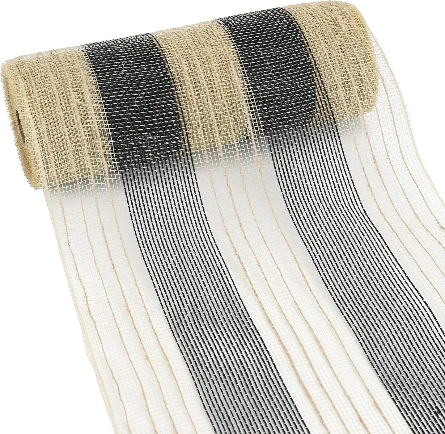 Jute Deco Mesh 10 Inch Jute Mesh Ribbon Natural and Black Wide Stripe Poly Mesh Ribbon
